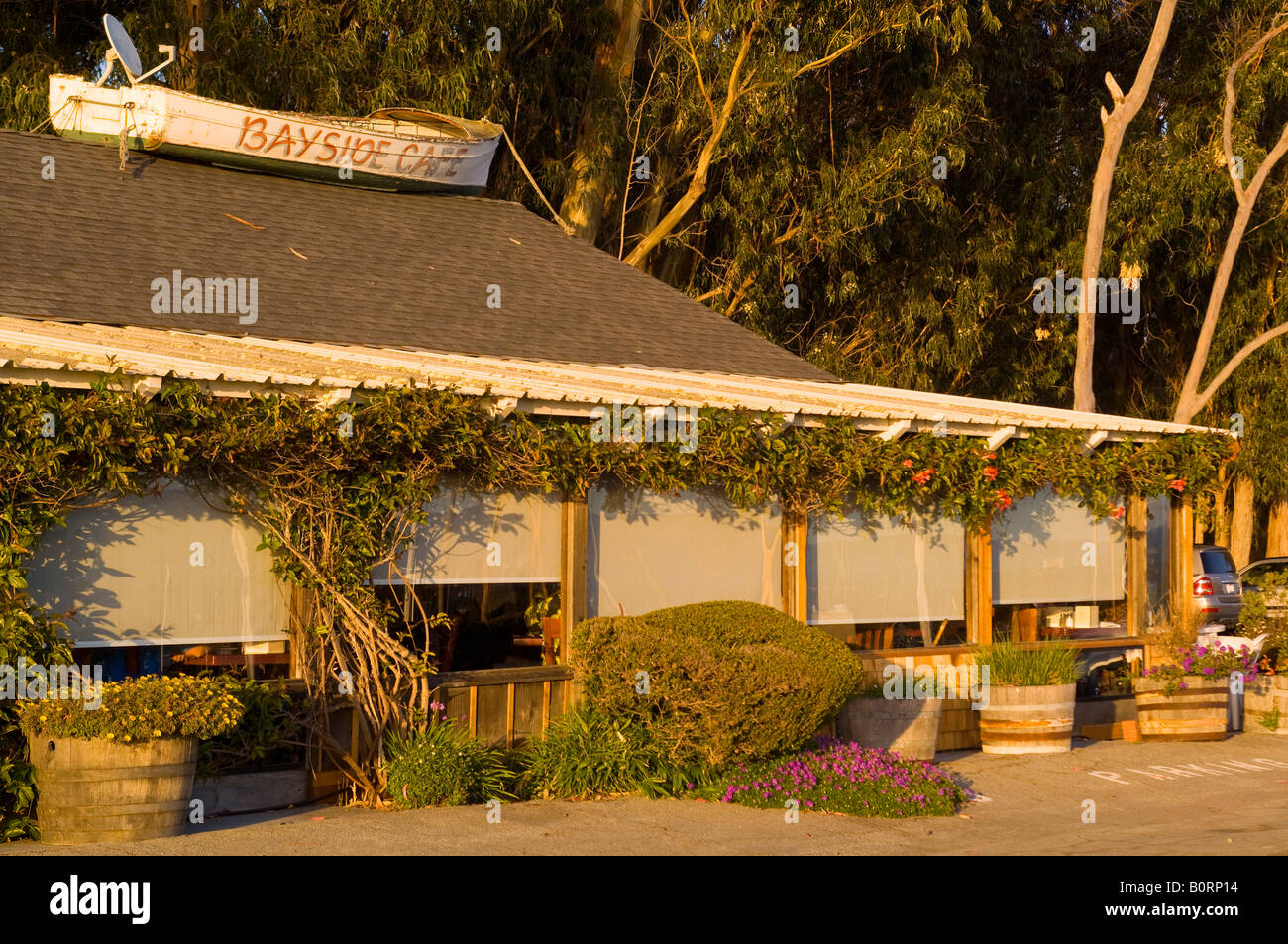 L'ombre du soleil au Bayside windows Cafe Morro Bay State Park Morro Bay, Californie Banque D'Images