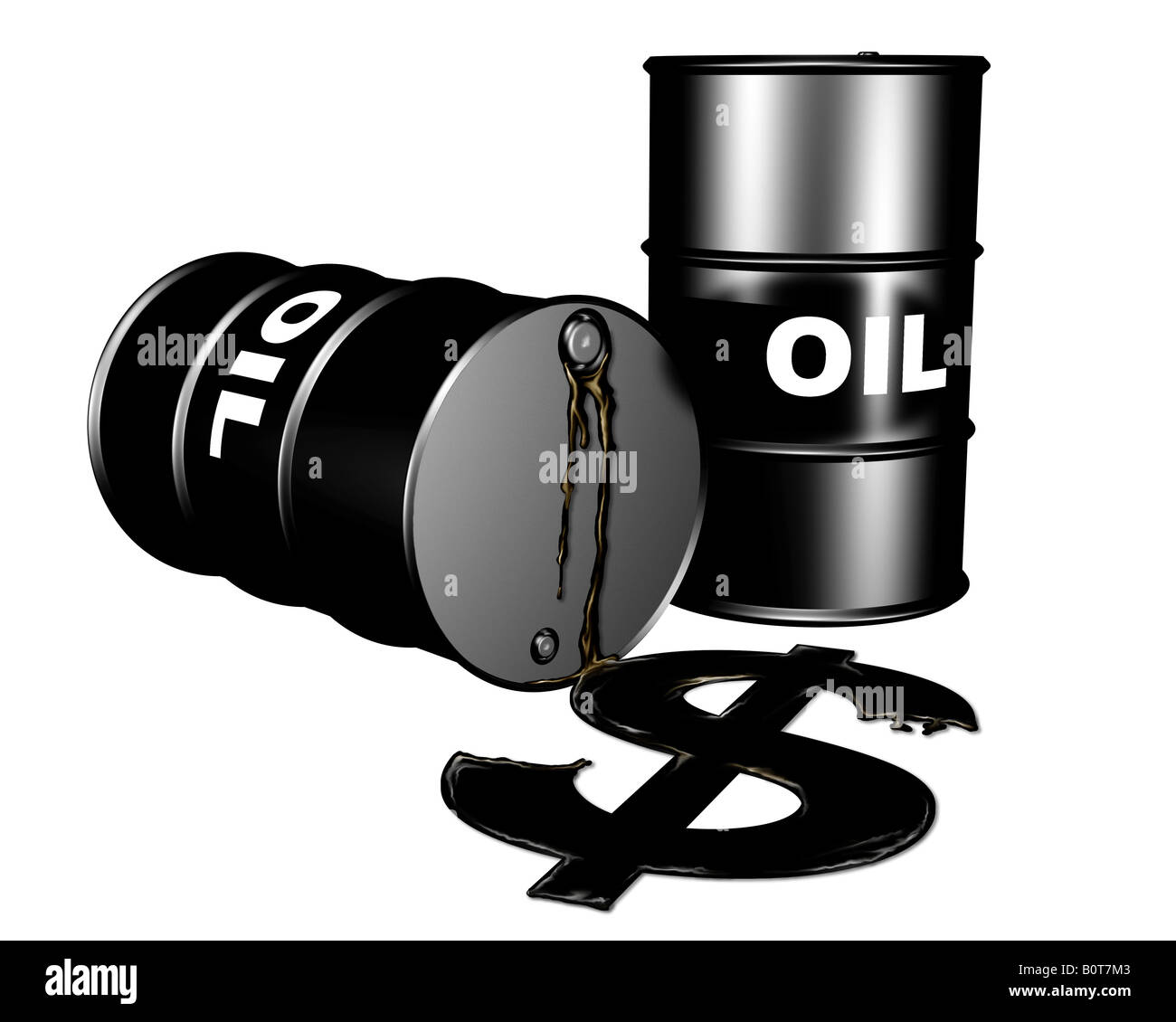 Les fûts d'huile et un symbole du dollar d'une fuite d'huile représentant la charge pesant sur le dollar par les marchés pétroliers Banque D'Images