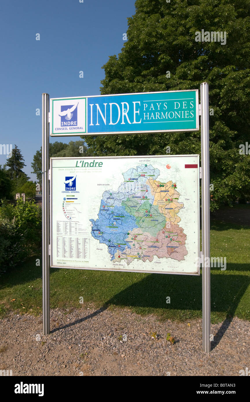 Affichage de la carte régionale, Indre, France. Banque D'Images