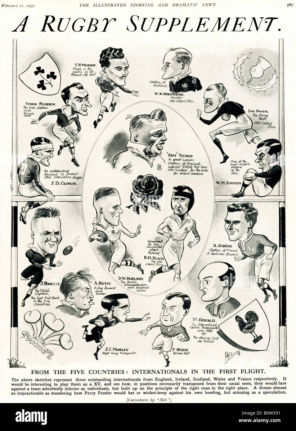 Supplément Rugby 1931 cartoon avec des caricatures de trois joueurs de rugby exceptionnelle de chacun des 5 Nations Banque D'Images