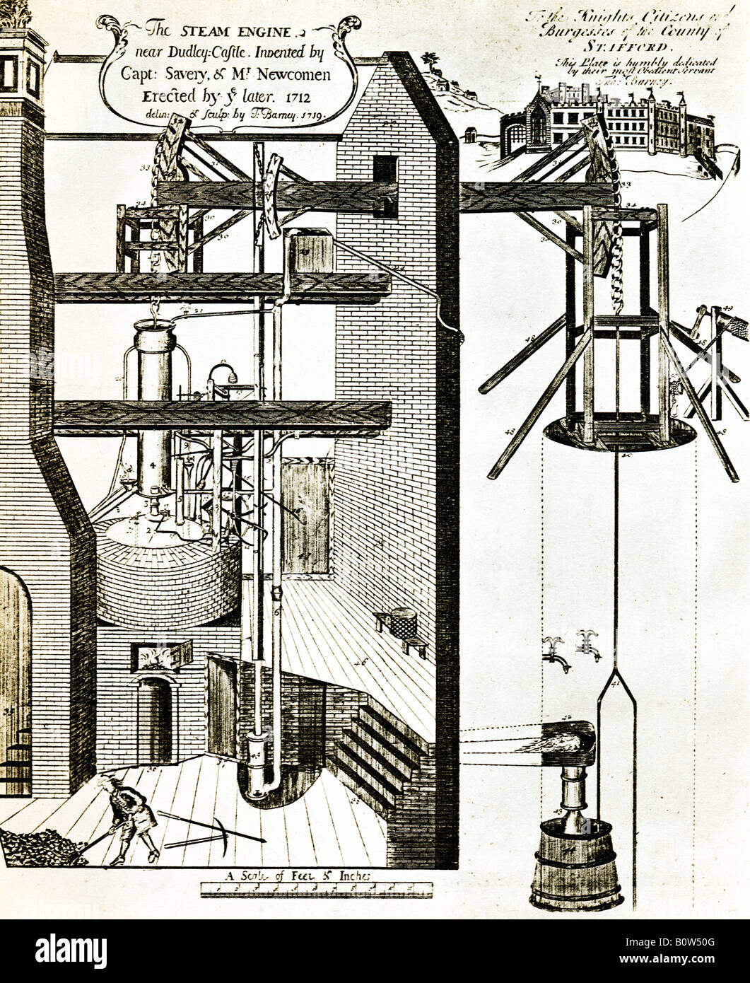 Thomas Newcomen machine à vapeur 1712 la première machine à vapeur atmosphérique à Dudley pour pomper de l'eau hors des mines Banque D'Images