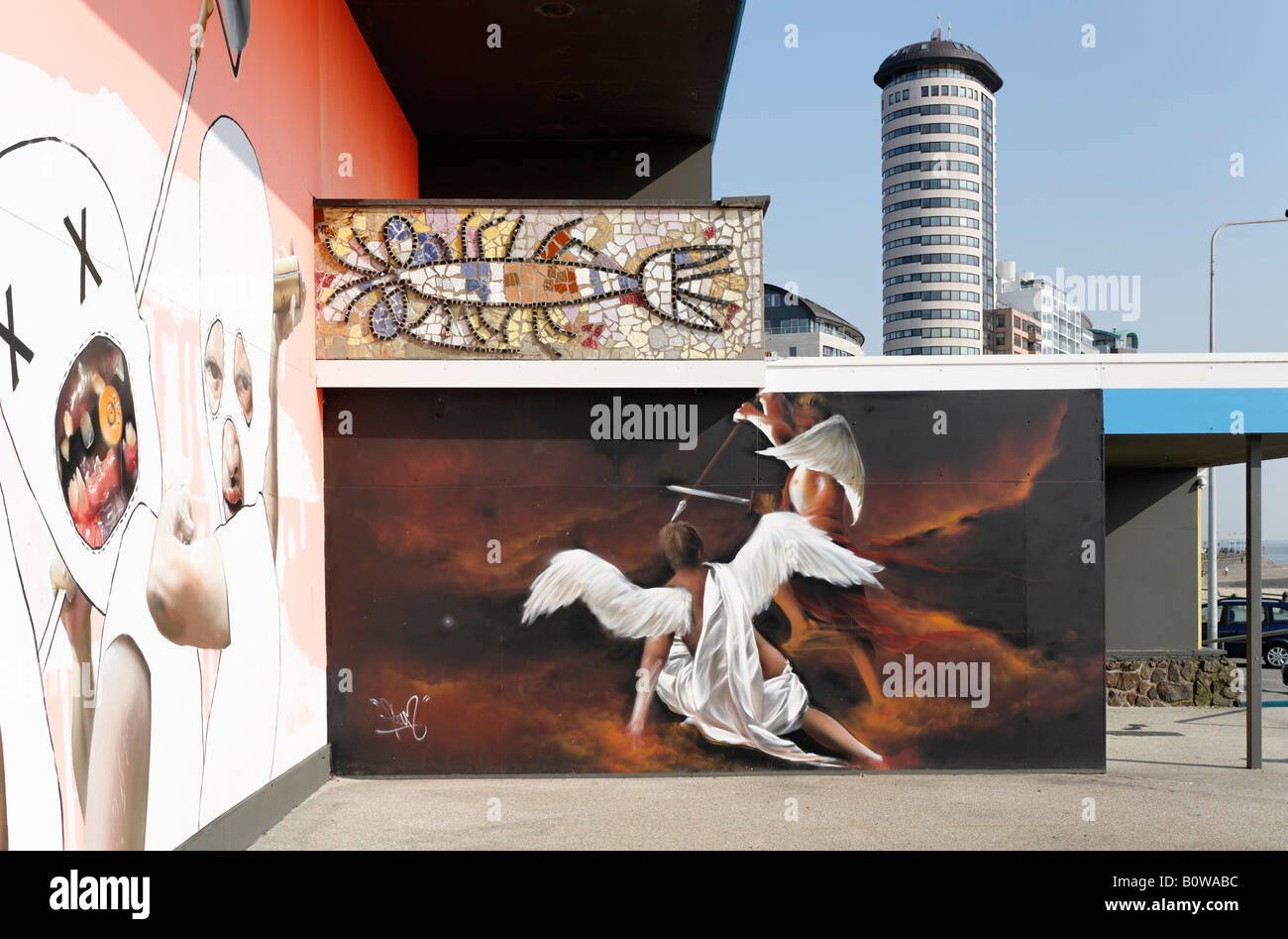 Projet d'art Graffiti, abandonnés Britannia Hotel, Boulevard Evertsen, Vlissingen, Walcheren, Zélande, Pays-Bas, Europe Banque D'Images