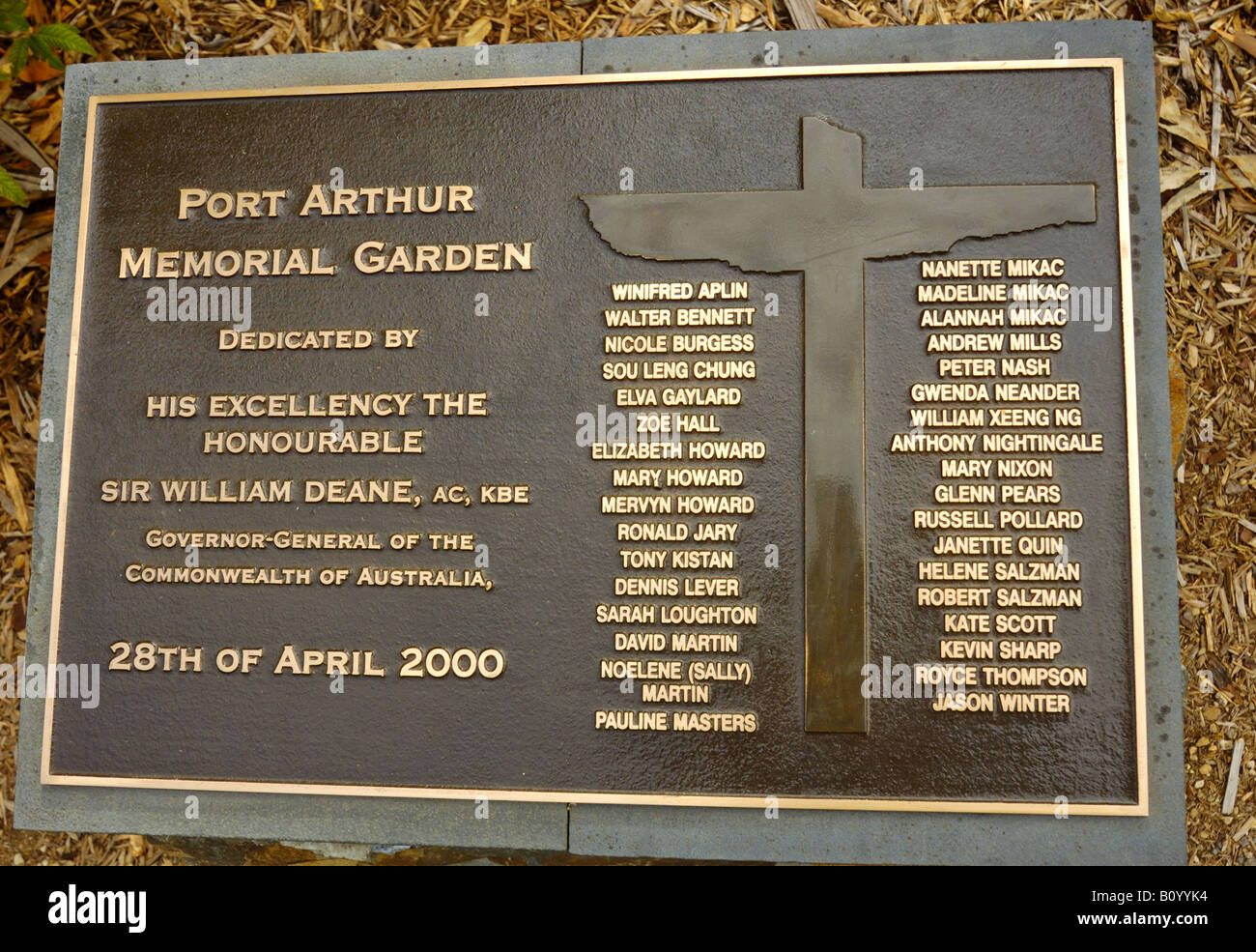 La plaque commémorative à Port Arthur en Tasmanie en souvenir du massacre qui y a eu lieu le 28 avril 1996 Banque D'Images