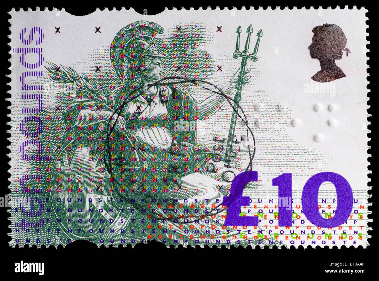 Utilisé 1993 Grande-bretagne £10 Britannia 'valeur' stamp - premier timbre britannique avec marquages en braille en relief. Banque D'Images