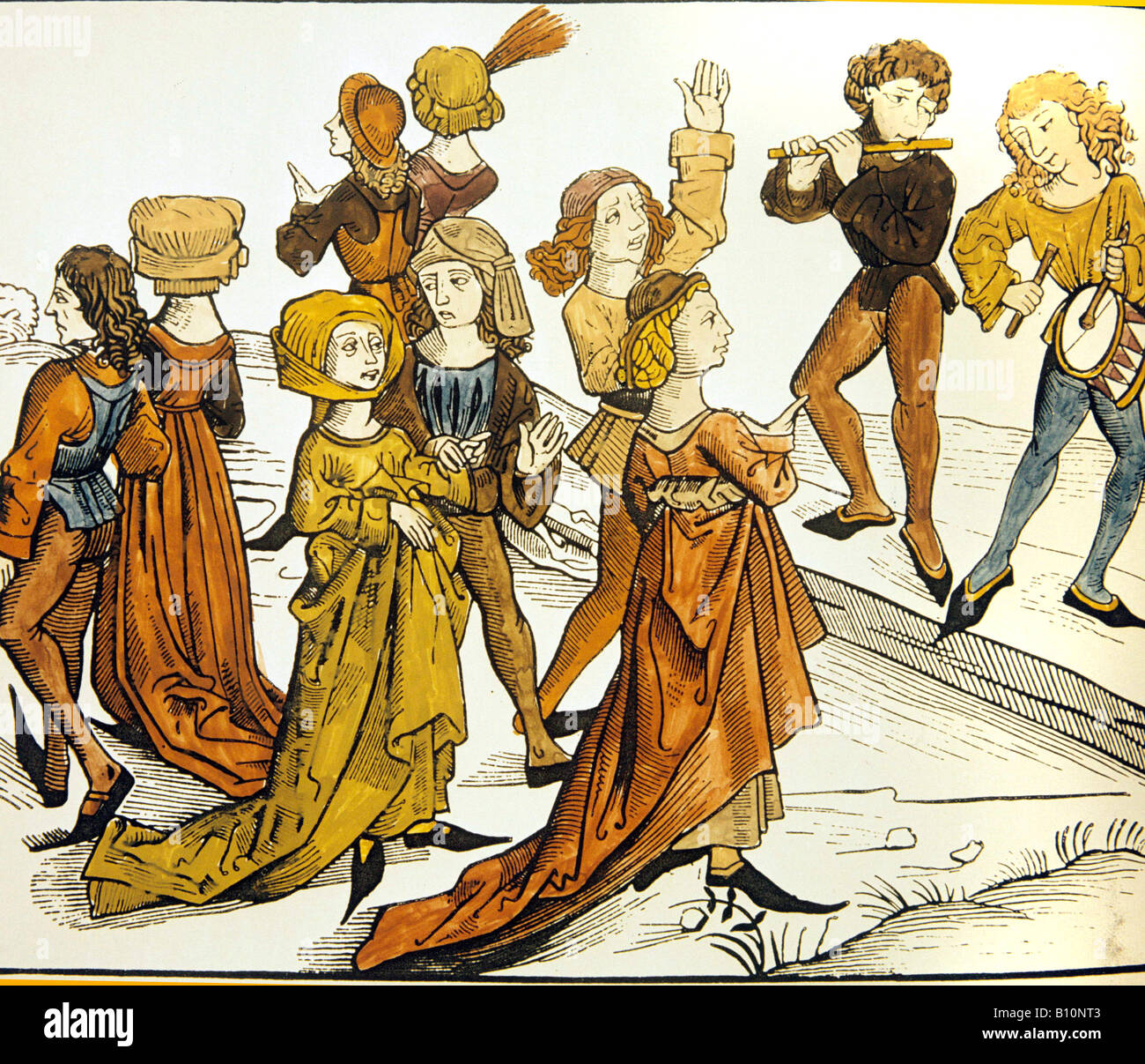 Danseurs dans la nuit de Noël de Liber Chronicorum Mundi. Nuremberg, 1493. Gravure sur bois. Banque D'Images