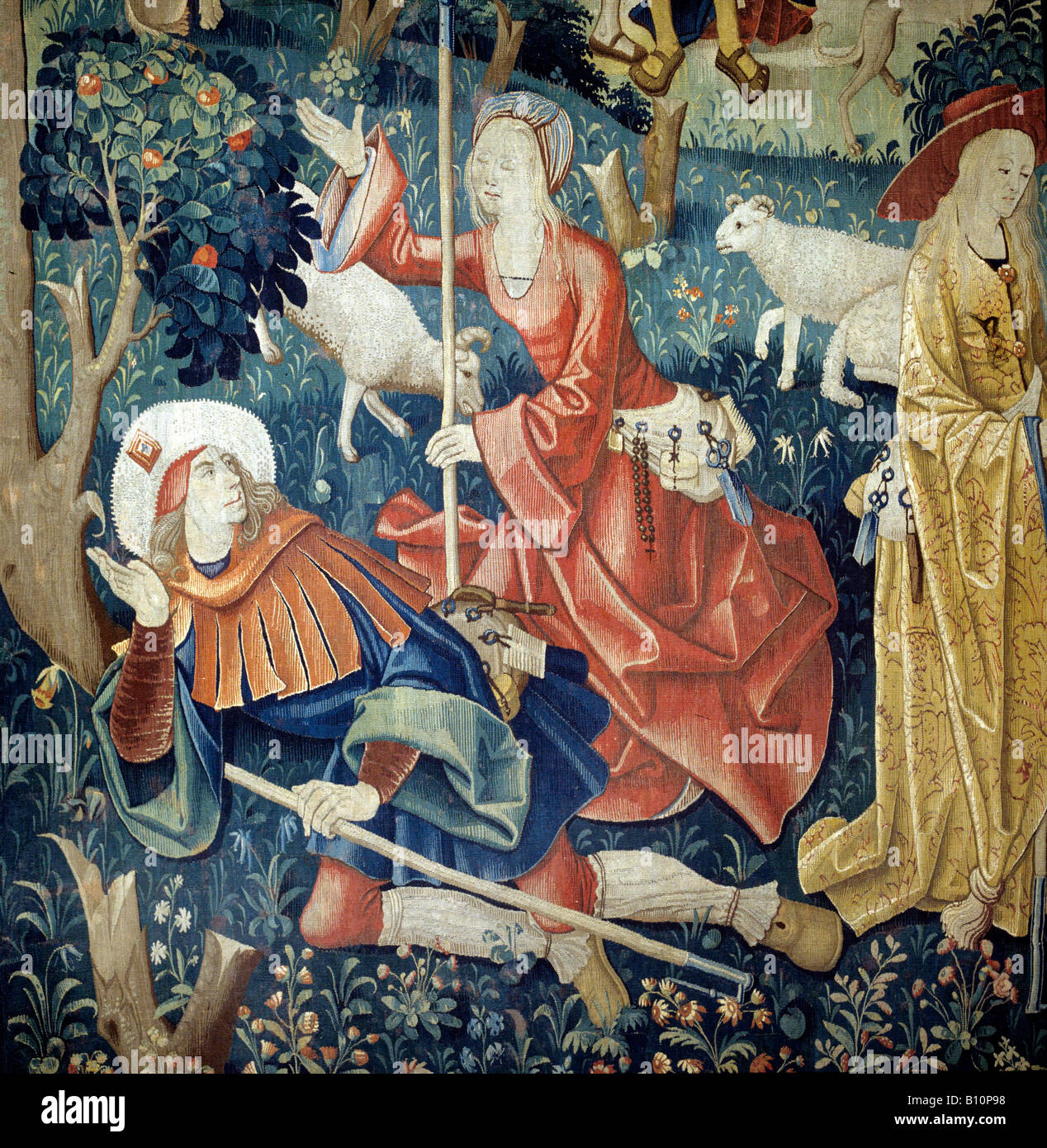 Tapisserie flamande. Shepherd et la femme au début du 16e siècle. Belgique Banque D'Images