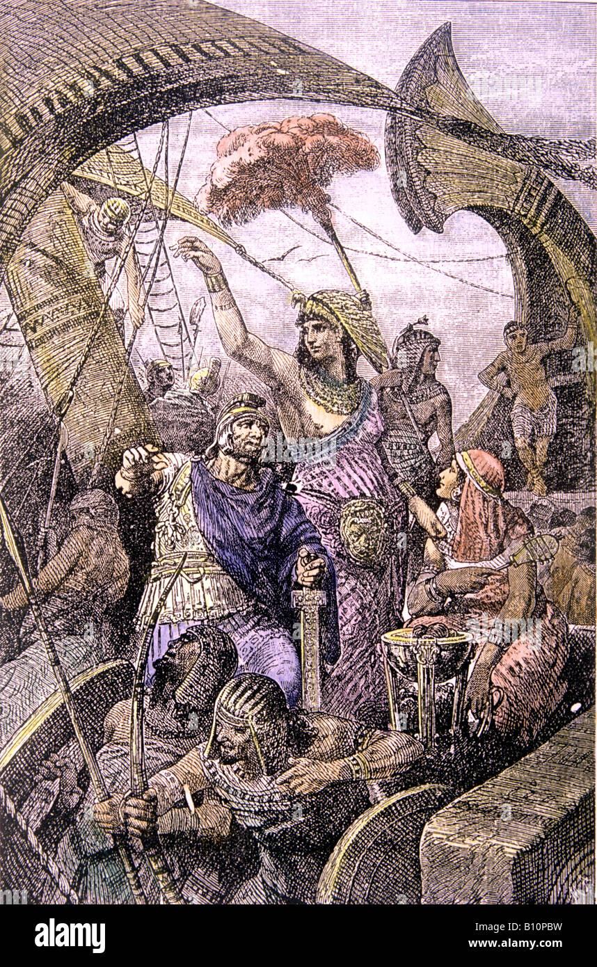 Cléopâtre à la bataille d'Actium la gravure du xixe siècle Banque D'Images