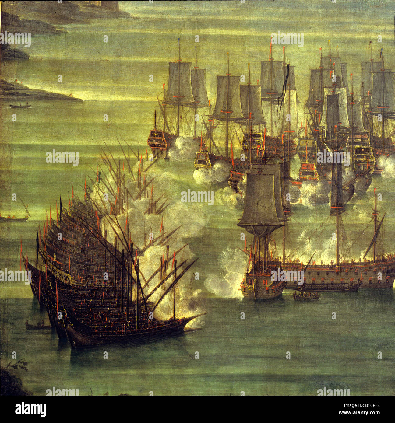 Bataille de Lépante la mer entre vénitiens et turcs. La peinture. Banque D'Images