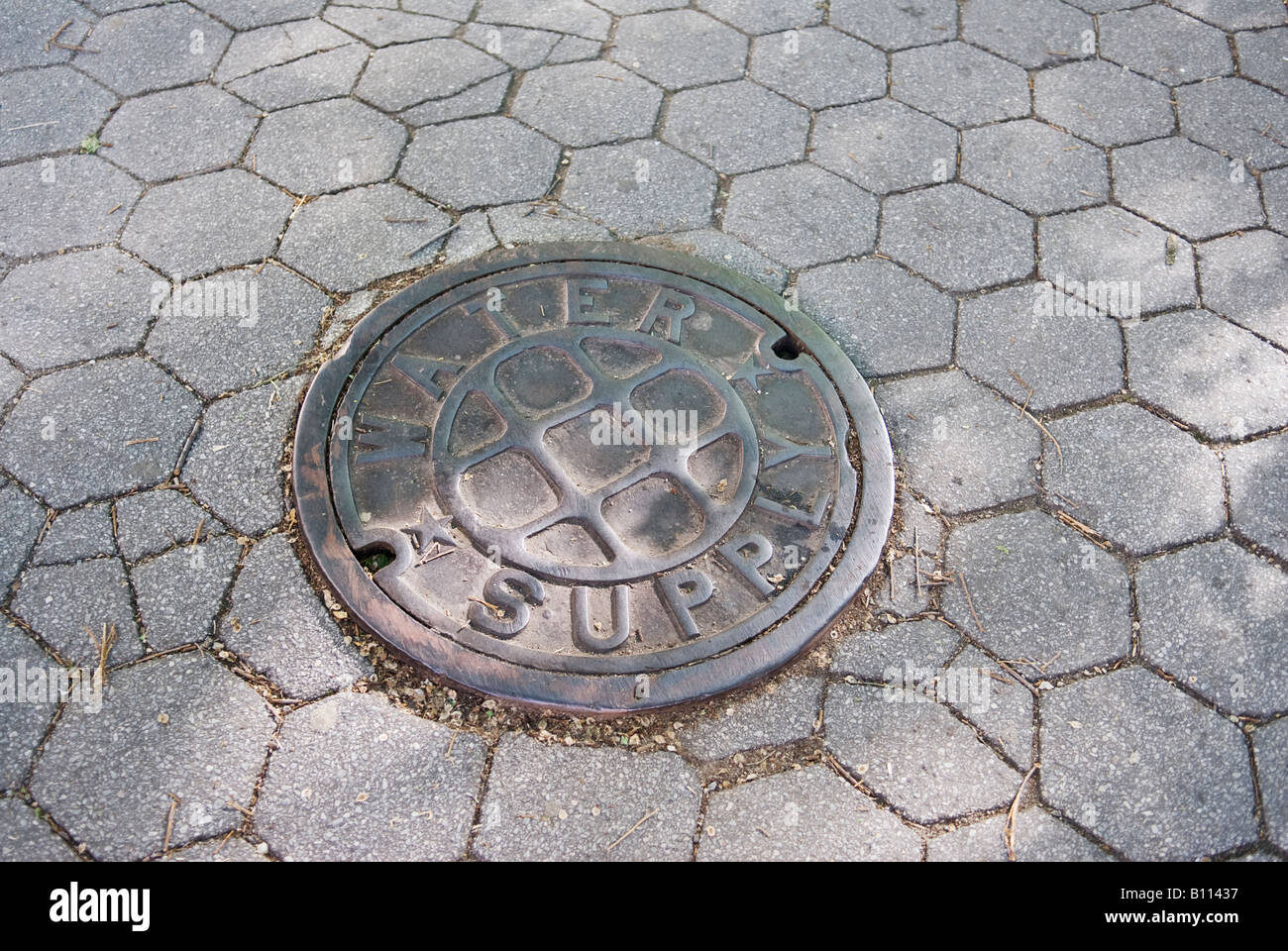 Rue ou un trottoir le couvercle de trou d'homme avec l'alimentation en eau Banque D'Images