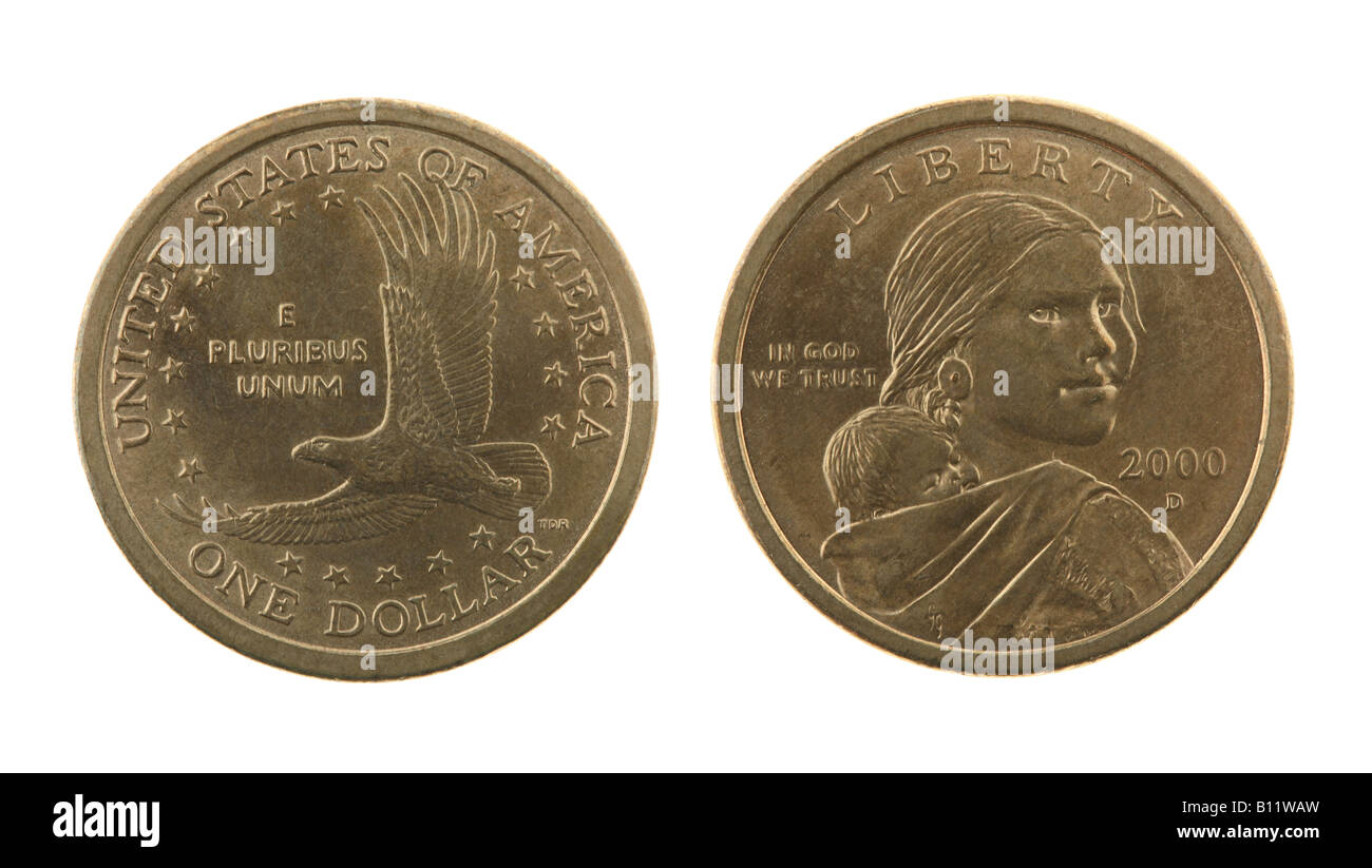 US dollar Sacagawea coin isolé sur blanc - envers et Banque D'Images