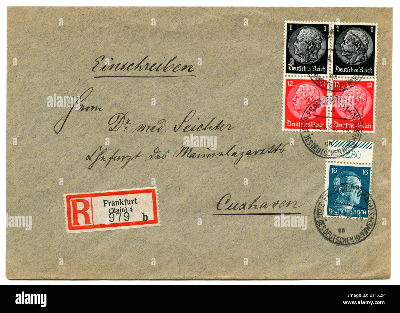 Allemagne Deutsches Reich Hindenburg timbres sur lettre recommandée, le cachet de la Frankfurt am Main, 1942. Banque D'Images