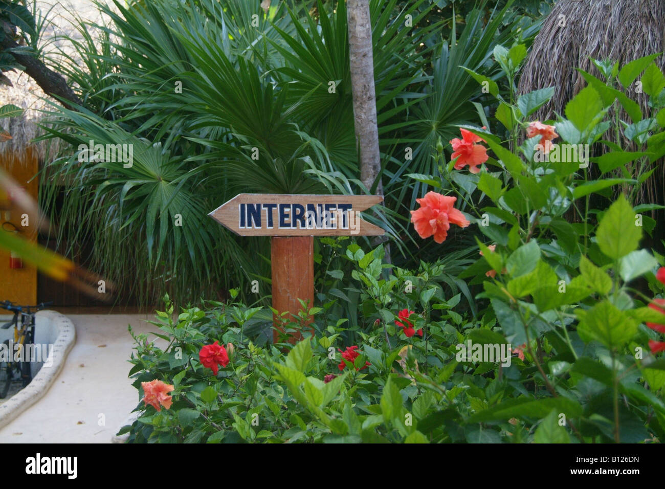 Connexion internet tropical island locations de vacances travail communication internet signalisation cabana direction de l'ordinateur internet Banque D'Images