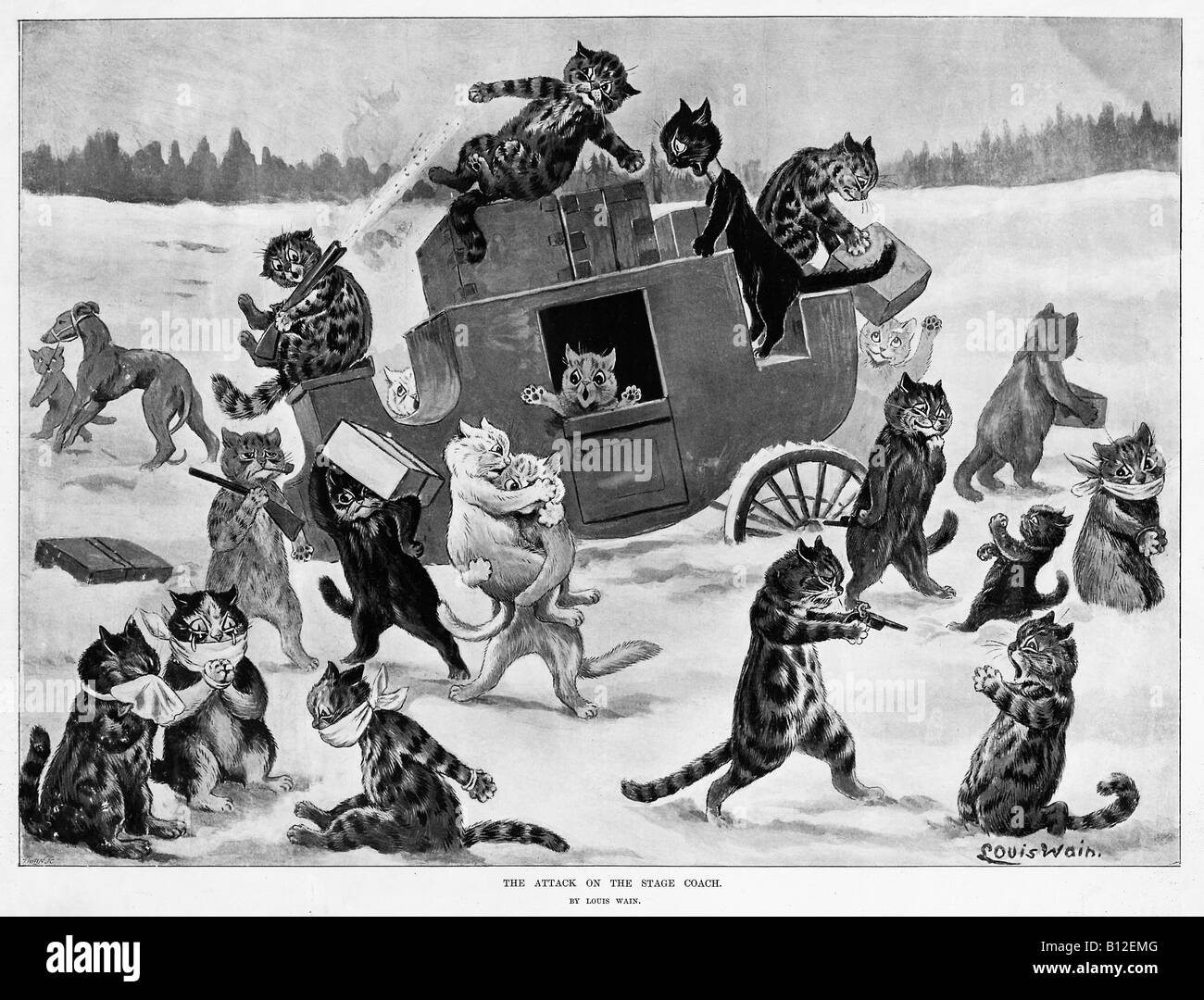 Attaque sur le Stage Coach Victorian gravure par le grand chat Illustrator Louis Wain feline grand banditisme Banque D'Images