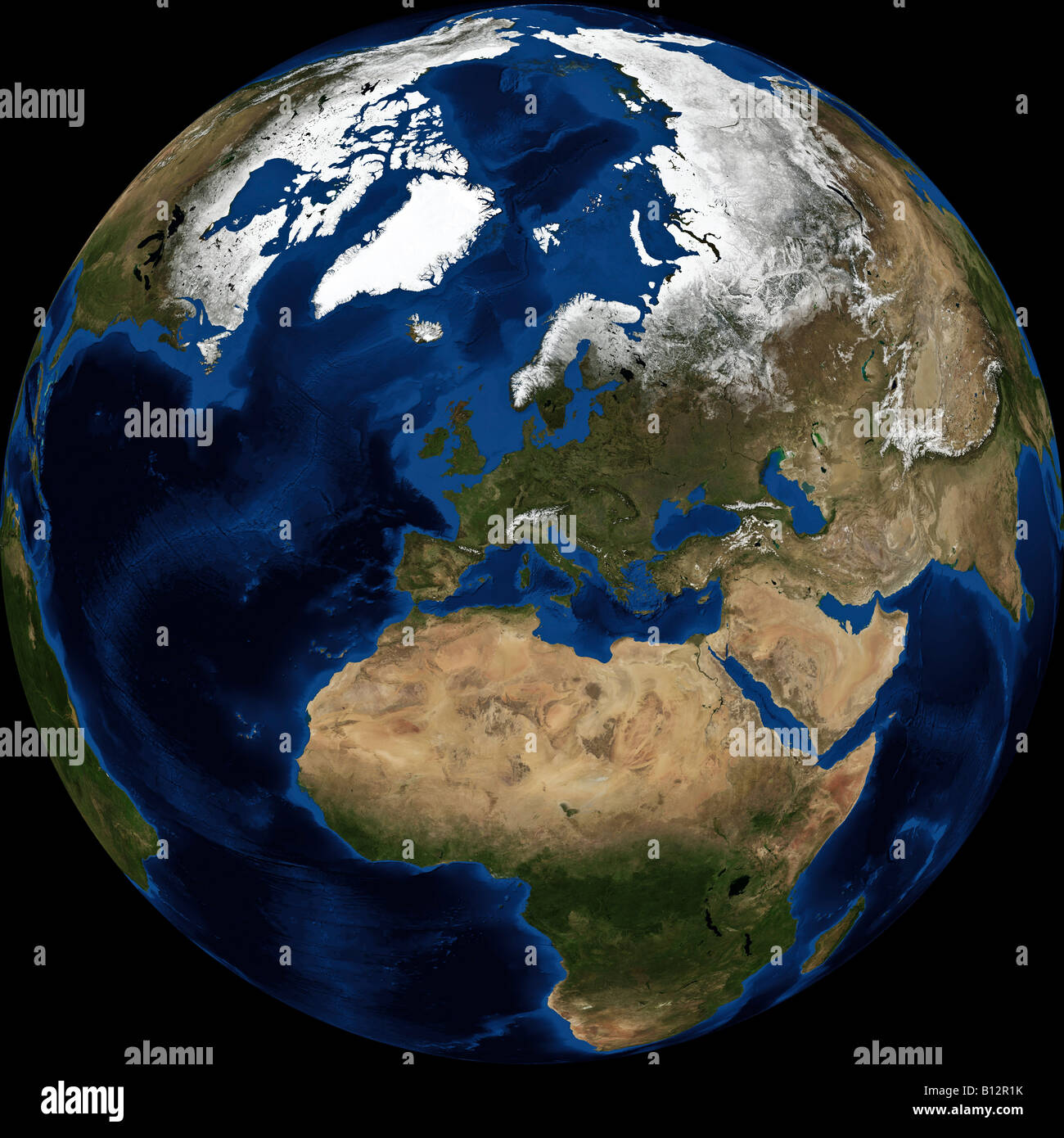 Vraie couleur terra MODIS/image satellite de la terre rendue en projection orthographique, centrée sur le continent européen. Banque D'Images