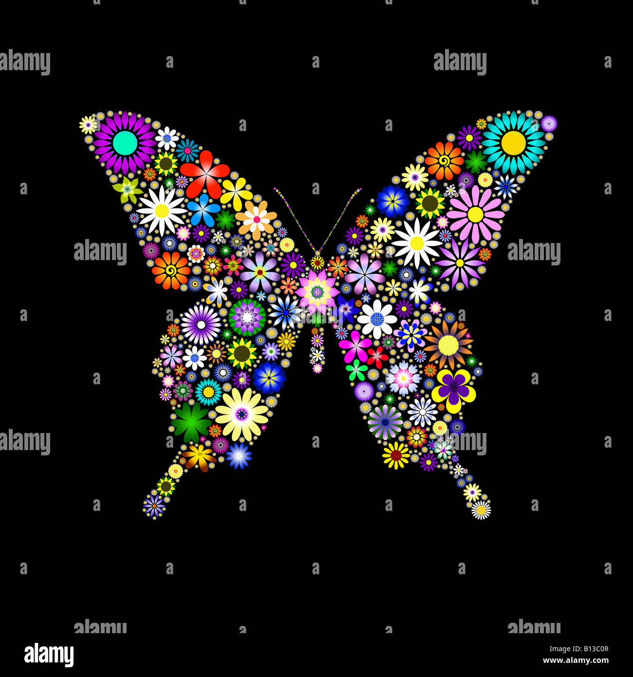 Illustration créée avec papillon fleurs numérique sur un fond noir Banque D'Images