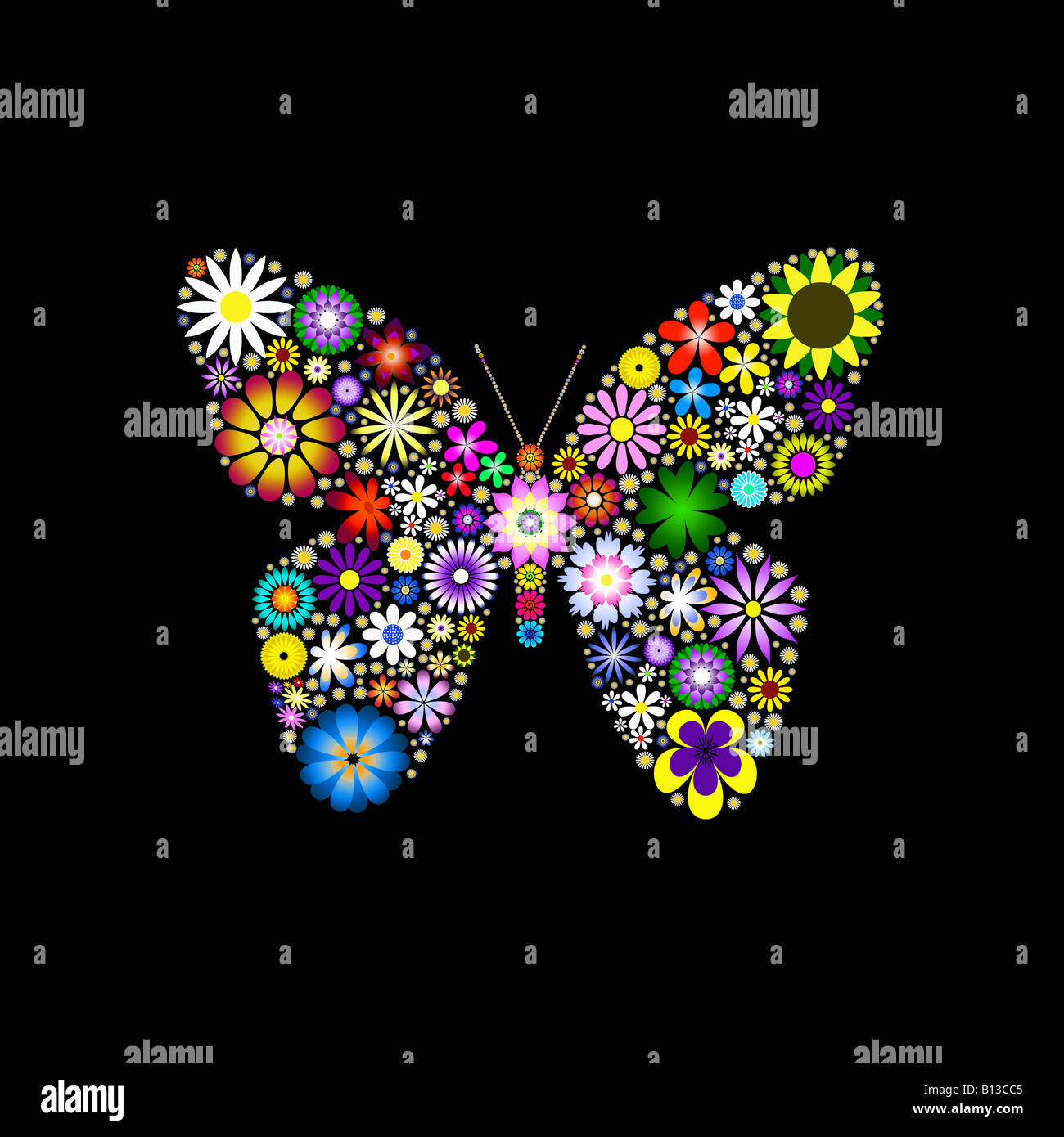 Illustration créée avec papillon fleurs numérique sur un fond noir Banque D'Images