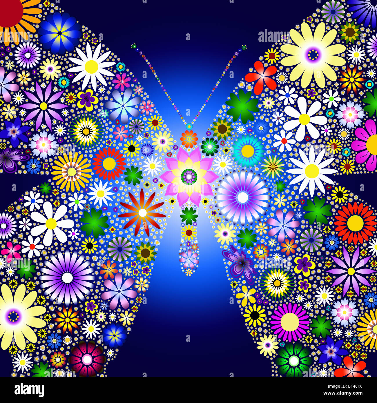 Illustration créée avec papillon fleurs numérique contre un fond bleu dégradé Banque D'Images
