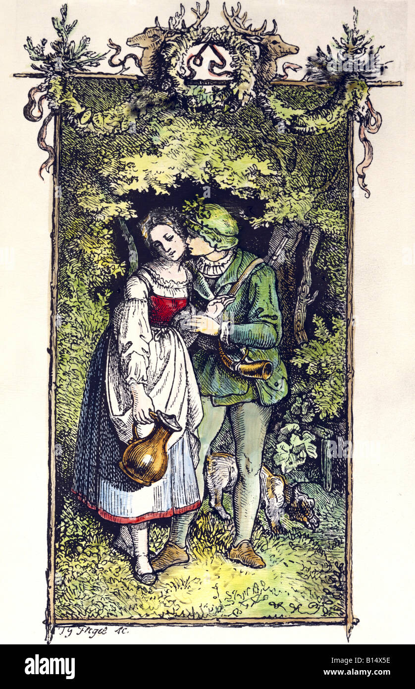 Beaux-arts, Richter, Ludwig (1803 - 1884), 'Der Jaeger und sein Liebchen' (le chasseur et son amour), gravure sur bois, couleur, 12,1 cm x 7,1 cm, à partir de "aechsischer Volkskalender" (Saxon folk calendrier), Leipzig, Allemagne, 1847, collection privée, l'artiste n'a pas d'auteur pour être effacé Banque D'Images