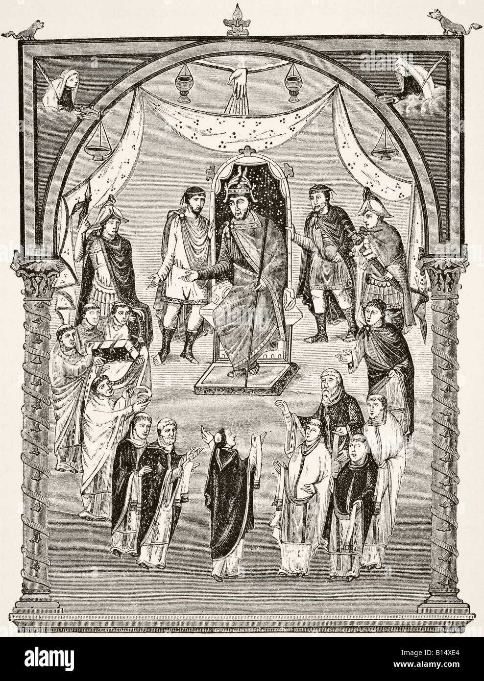 Comte Vivien, Abbé titulaire de Saint Martin de Tours, consacrant à Charles le gras une Bible écrite dans son abbaye. Banque D'Images Comte Vivien, Abbé titulaire de Saint Martin de Tours, consacrant à Charles le gras une Bible écrite dans son abbaye. Banque D'Images