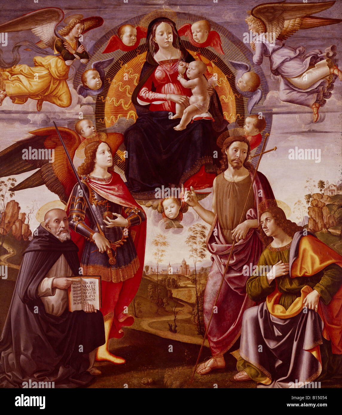 Beaux-arts, Ghirlandaio, Domenico (1449 - 11.1.1494), peinture, "Mary avec l'enfant et de Saint Dominique, Jean le Baptiste et Jean l'Évangéliste", vers 1494, huile sur panneau, 221 cm x 198 cm, Alte Pinakothek, Munich, Allemagne, l'artiste n'a pas d'auteur pour être effacé Banque D'Images