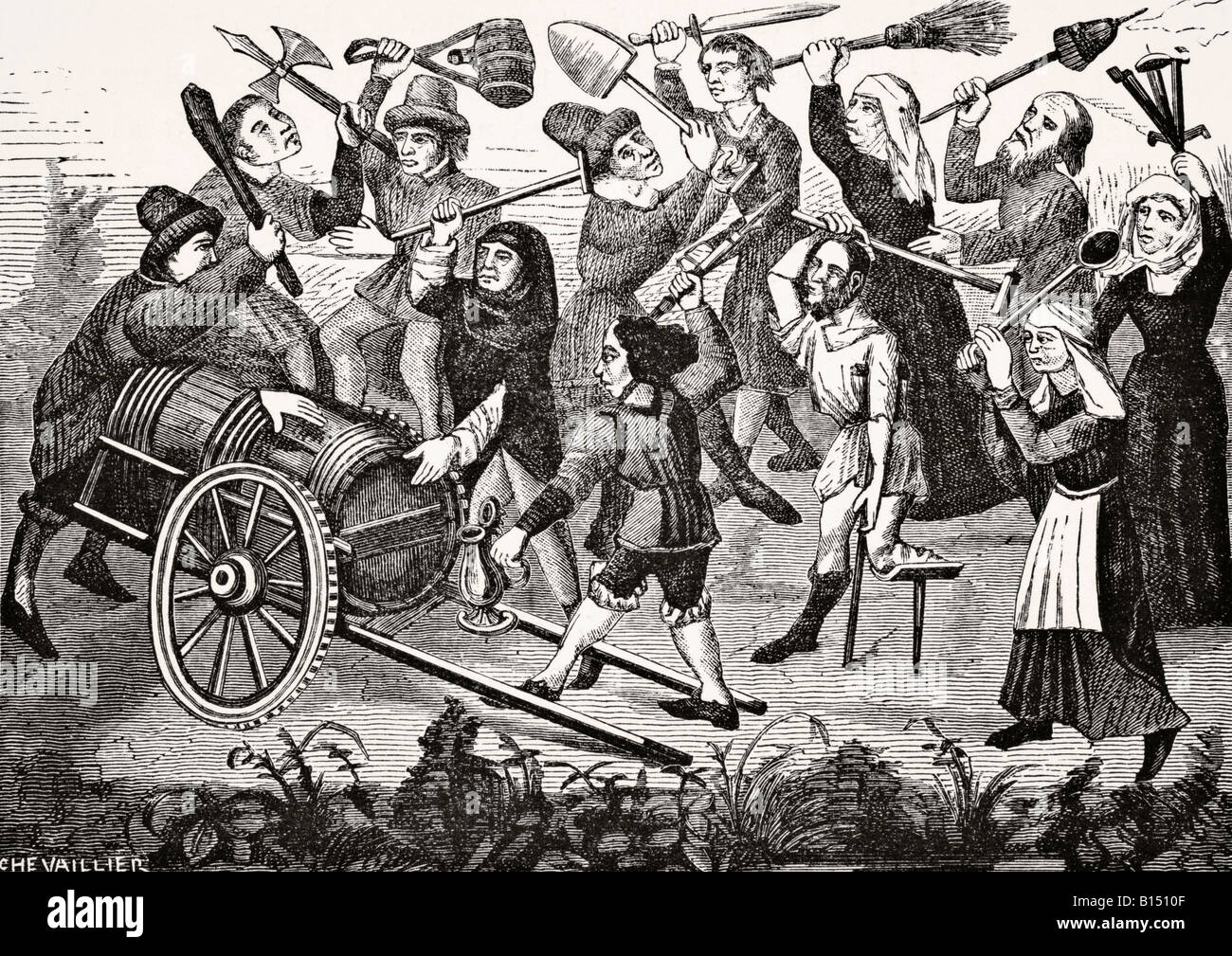 Bataille de paysans et de mendiants sur un baril de vin. Après une miniature dans Roi Modus, un manuscrit de 15th siècle. Banque D'Images