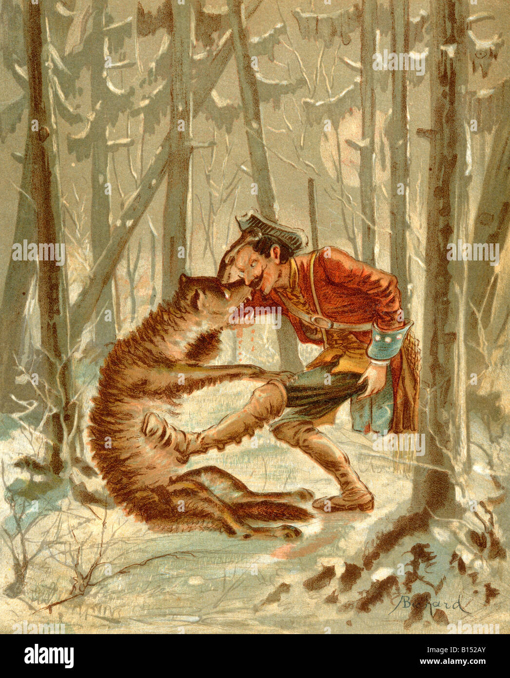 Rencontre du Baron Munchaussen avec un loup. Banque D'Images
