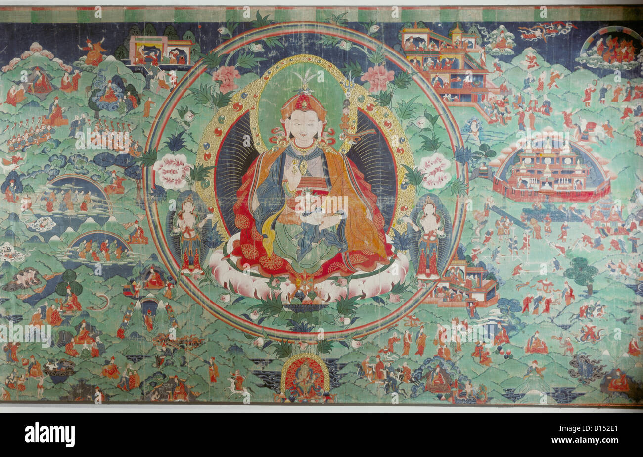 Beaux-arts, Tibet, peinture, Fitfty sous forme de scènes de la vie de Padnasambhana, soie, 18e/19e siècle, collection ethnologique, Zuerich, Université de l'artiste , Copyright n'a pas à être effacée Banque D'Images