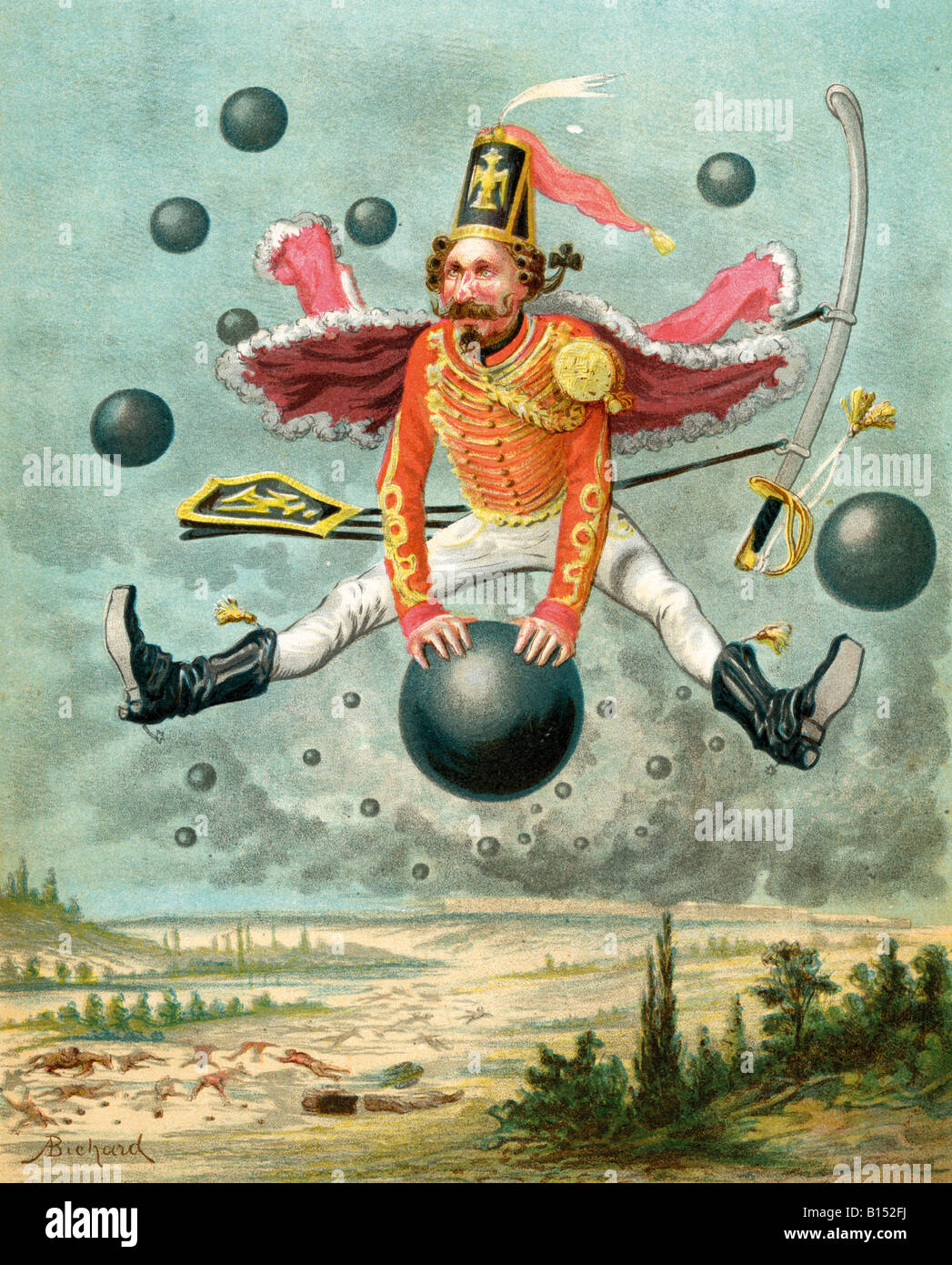 Le baron Munchaussen à bord d'une boule de canon pendant la lutte avec Tippoo. Banque D'Images