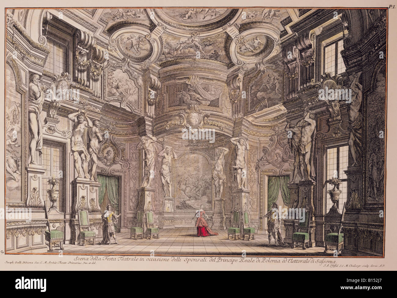 Beaux-arts, da Bibiena, Giuseppe Galli (1696 - 1757), l'étape de conception pour un opéra baroque, gravure sur cuivre, de couleur, de 'Architetture e prospettive', Augsburg, Allemagne, 1740, collection privée, l'artiste n'a pas d'auteur pour être effacé Banque D'Images