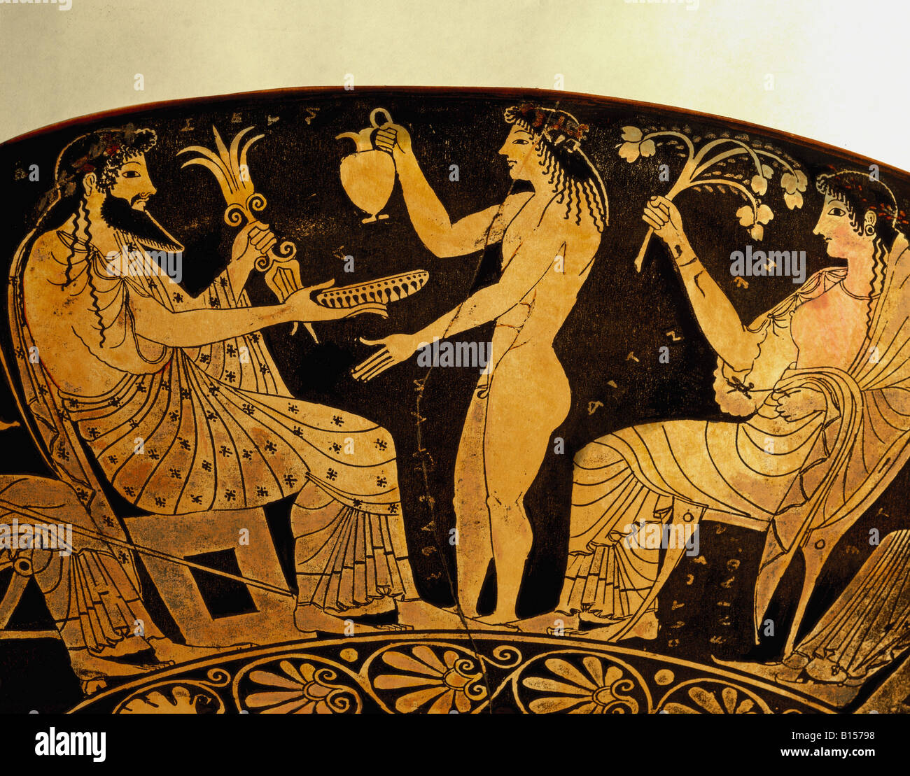 Beaux-arts, antiquité, Grèce, vase peinture, dieux Zeus et Hestia avec Ganymed comme échanson, red-figuré, style coupe potable par Oltos, Attique, vers 510 avant J.-C., Musée National, Tarquinia, l'artiste n'a pas d'auteur pour être effacé Banque D'Images