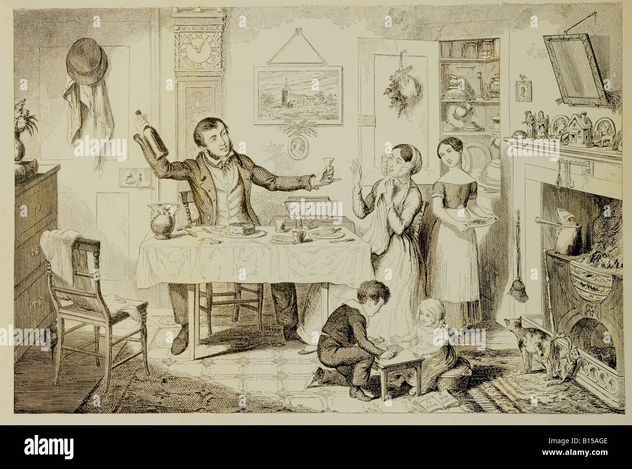 Beaux-arts, Cruikshank, George (1792 - 1878), graphique, la série 'La bouteille', planche 1, 'La bouteille est mis en évidence pour la première fois : le mari induit sa femme : il suffit de prendre une goutte d'eau', gravure, 1847, collection privée, , n'a pas d'auteur de l'artiste pour être effacé Banque D'Images