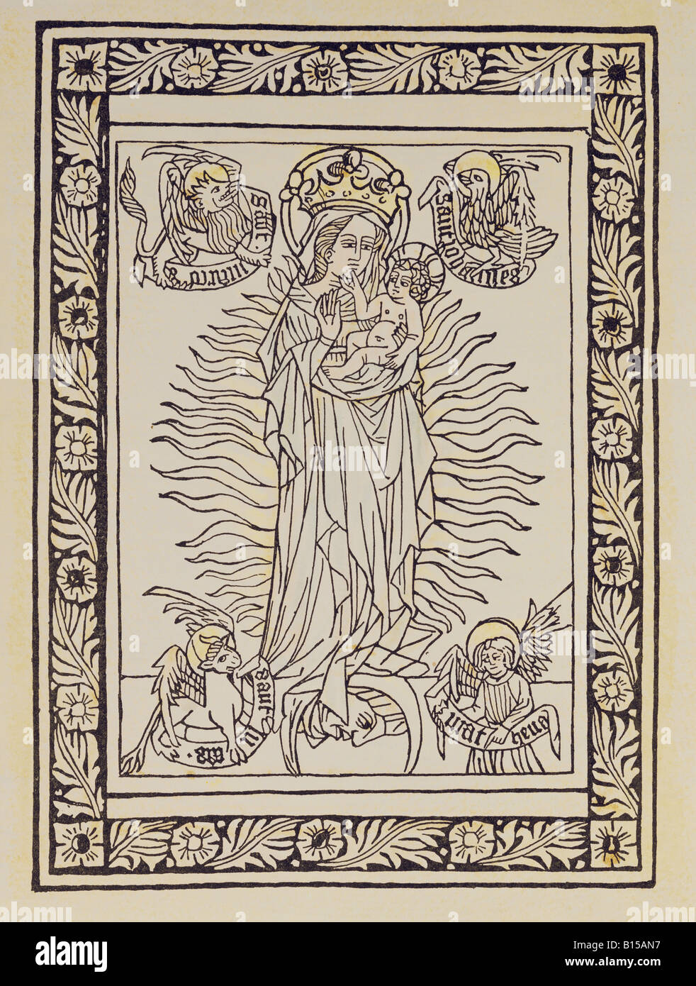 Beaux-arts, art religieux, Virgon Marie avec enfant, woodcut, Allemagne du Sud, 1450/1460, colllection privée, , n'a pas d'auteur de l'artiste pour être effacé Banque D'Images