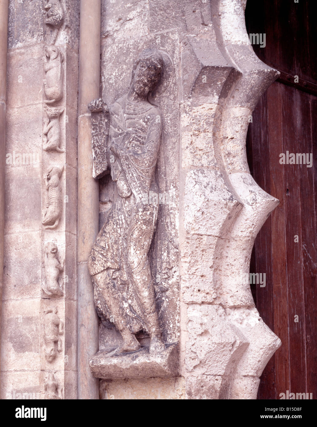Moissac, Temple de la Boissonnade, Südportal, portail sud, détail trumeau droite,  : Banque D'Images