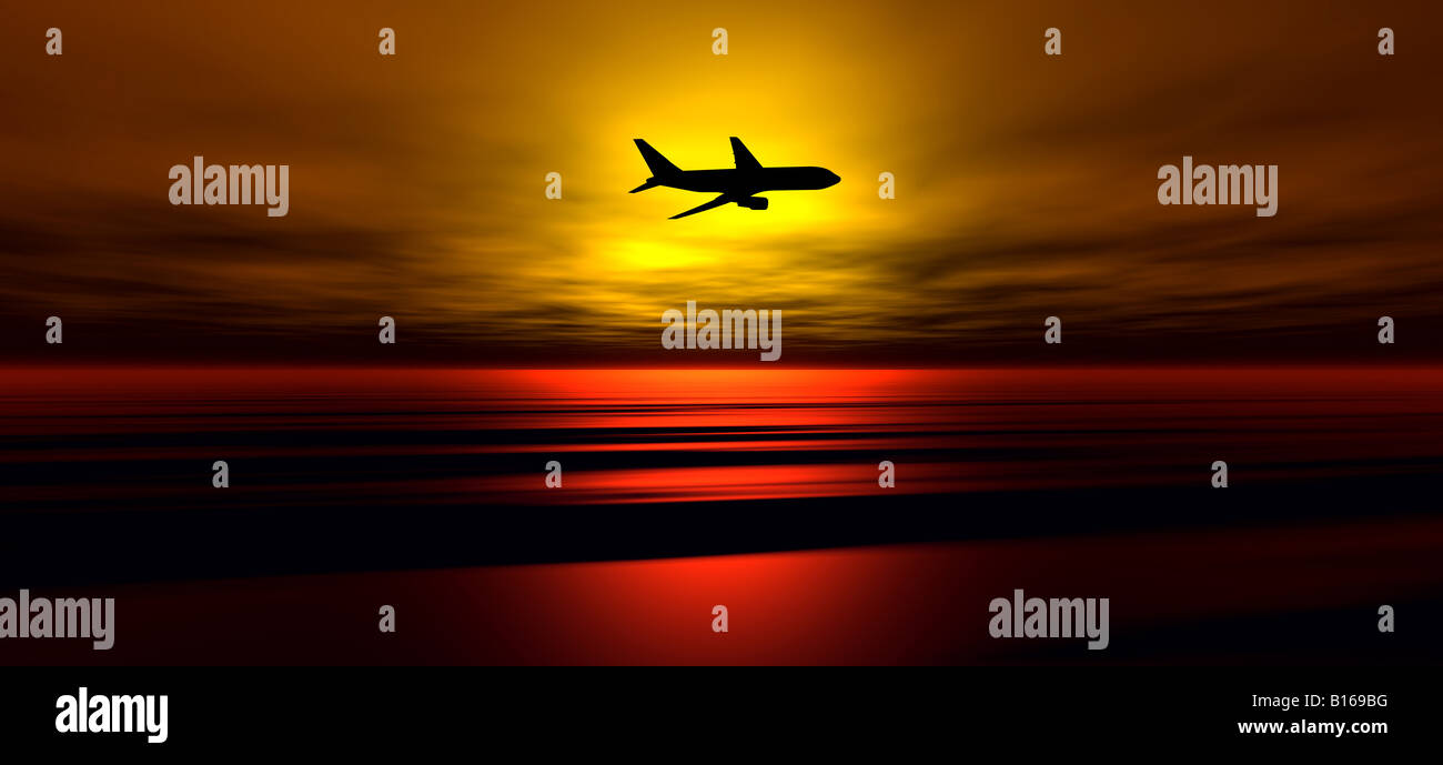 Avion de passagers silhouette sur l'océan dans le ciel au coucher du soleil Banque D'Images