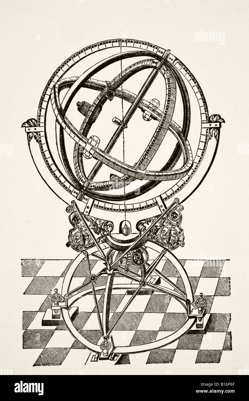 Cercles ou anneaux équatoriaux, après une gravure en cuivre dans le livre Tychonis Brahe Astronomiae Instauratae Mechanica de 1602. Banque D'Images