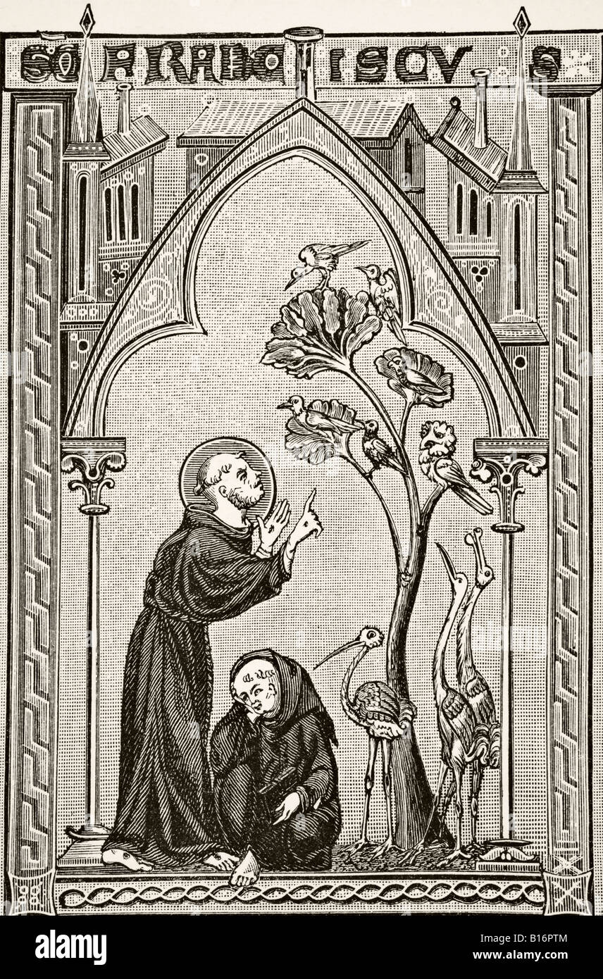 Saint François d'Assise parlant aux oiseaux. Après miniature d'un Psalter de 13th siècle. Banque D'Images