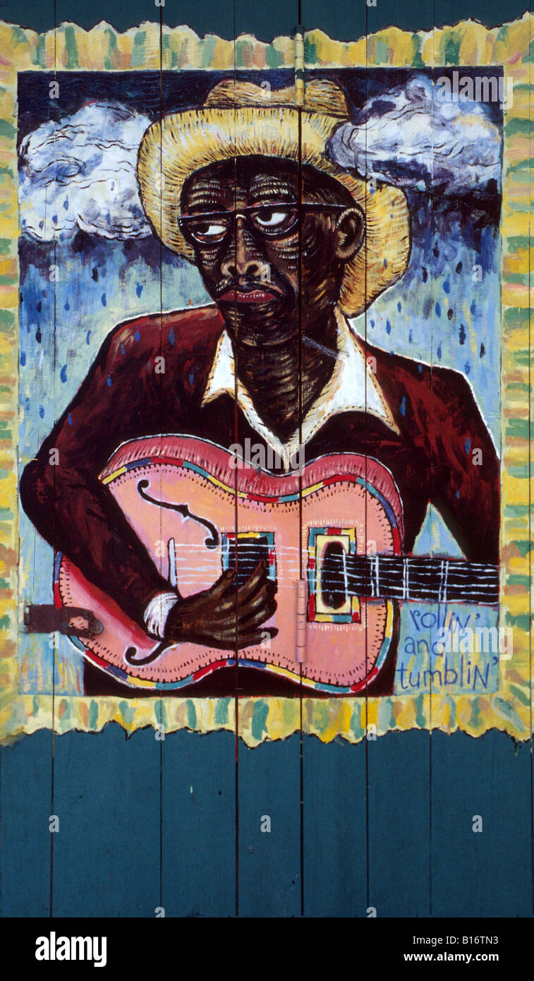 Une peinture du célèbre compositeur et chanteur de blues américain Robert Johnson sur les portes en bois, PAI, Thaïlande. Banque D'Images