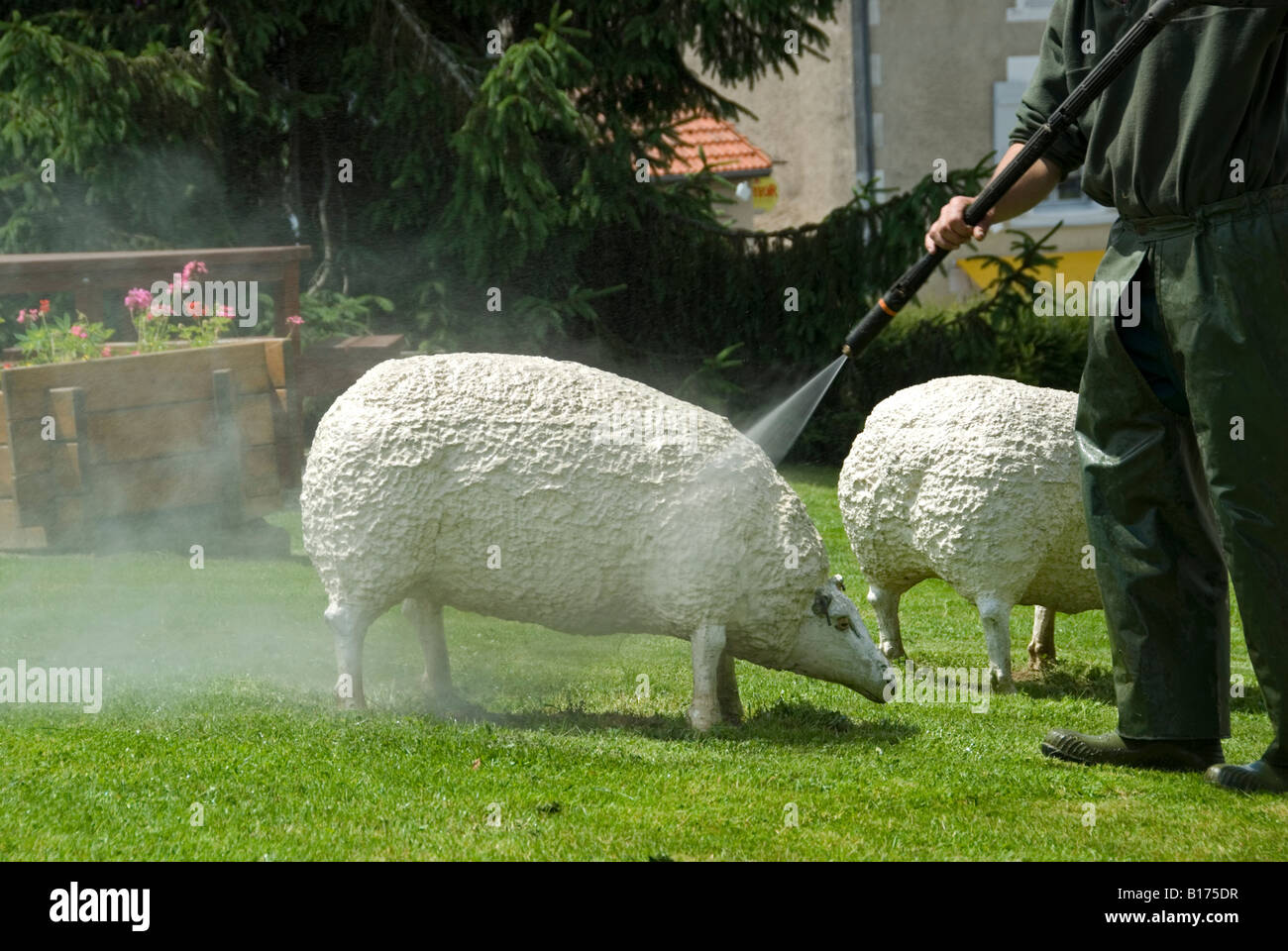 Stock photo d'un homme nettoyage du béton décoratif les moutons dans le village de Mézières sur Issoire Banque D'Images