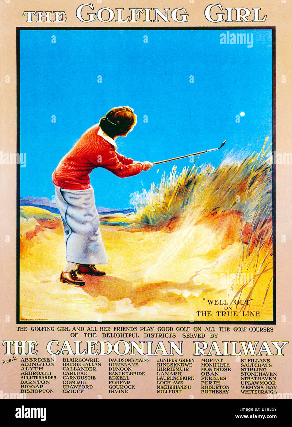 Caledonian Railway Golf Girl 1912 affiche publicitaire de la golf en Ecosse servi par le train Banque D'Images