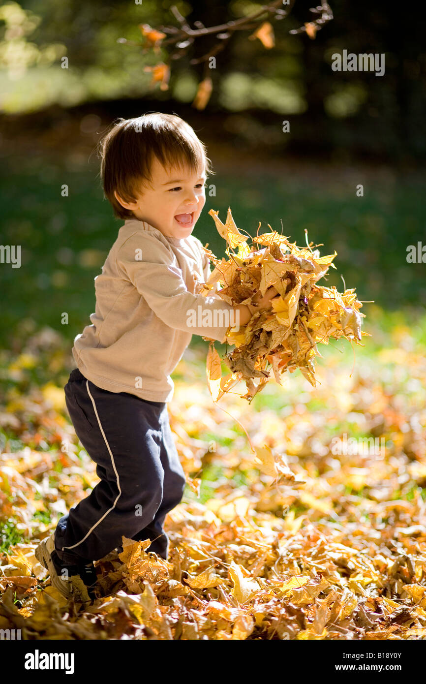 22 mois eurasion garçon enfant jouant dans une pile de feuilles d'automne l'automne, Montréal Québec, Canada. Banque D'Images