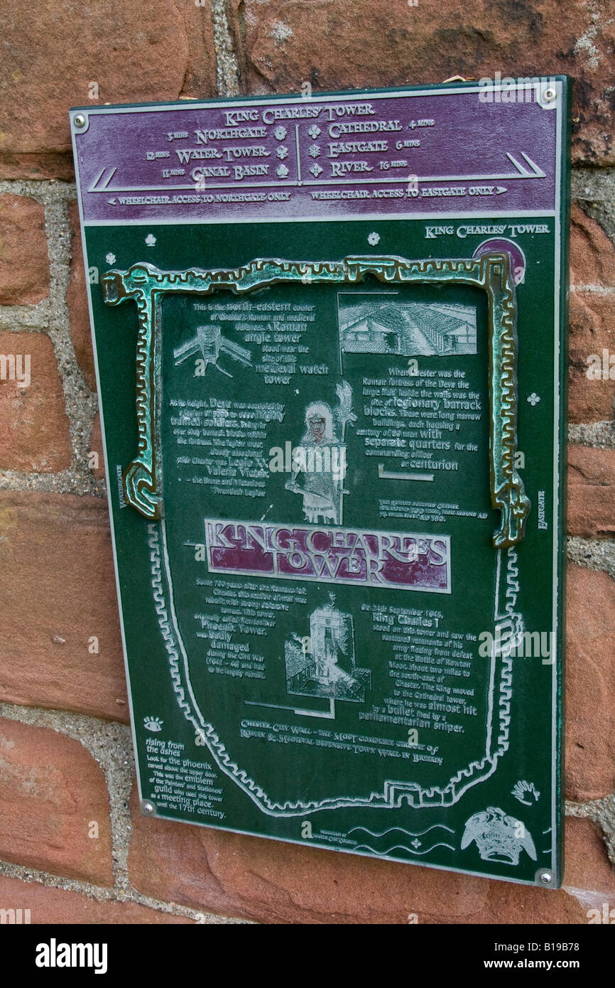 Plaque sur le roi Charle's Tower, Fortifications de Chester, Chester, Cheshire, Angleterre Banque D'Images