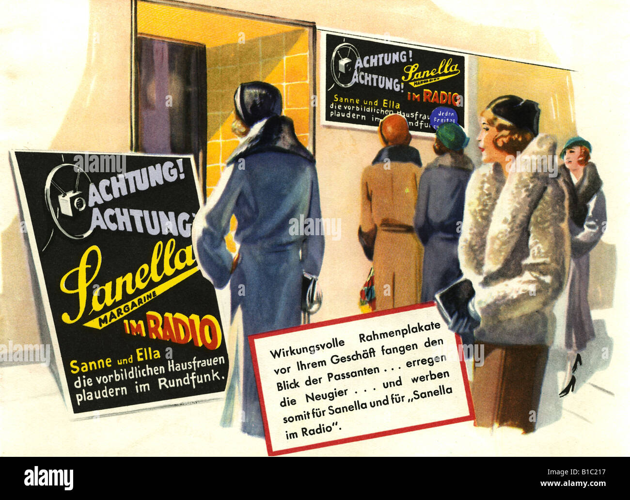 Diffusion, radio, publicité, Margarine Sanella, femmes avec affiches devant un magasin, Allemagne, 1932, Banque D'Images