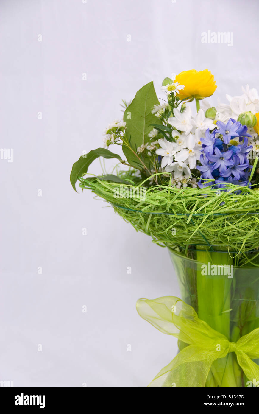 Bouquet de blanc jaune et bleu de fleurs de printemps Cut Out Against White Background Banque D'Images