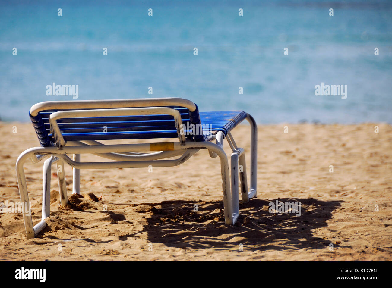 Chaise de plage vide à côté d'un palmier à une plage des Caraïbes à Porto Rico Banque D'Images