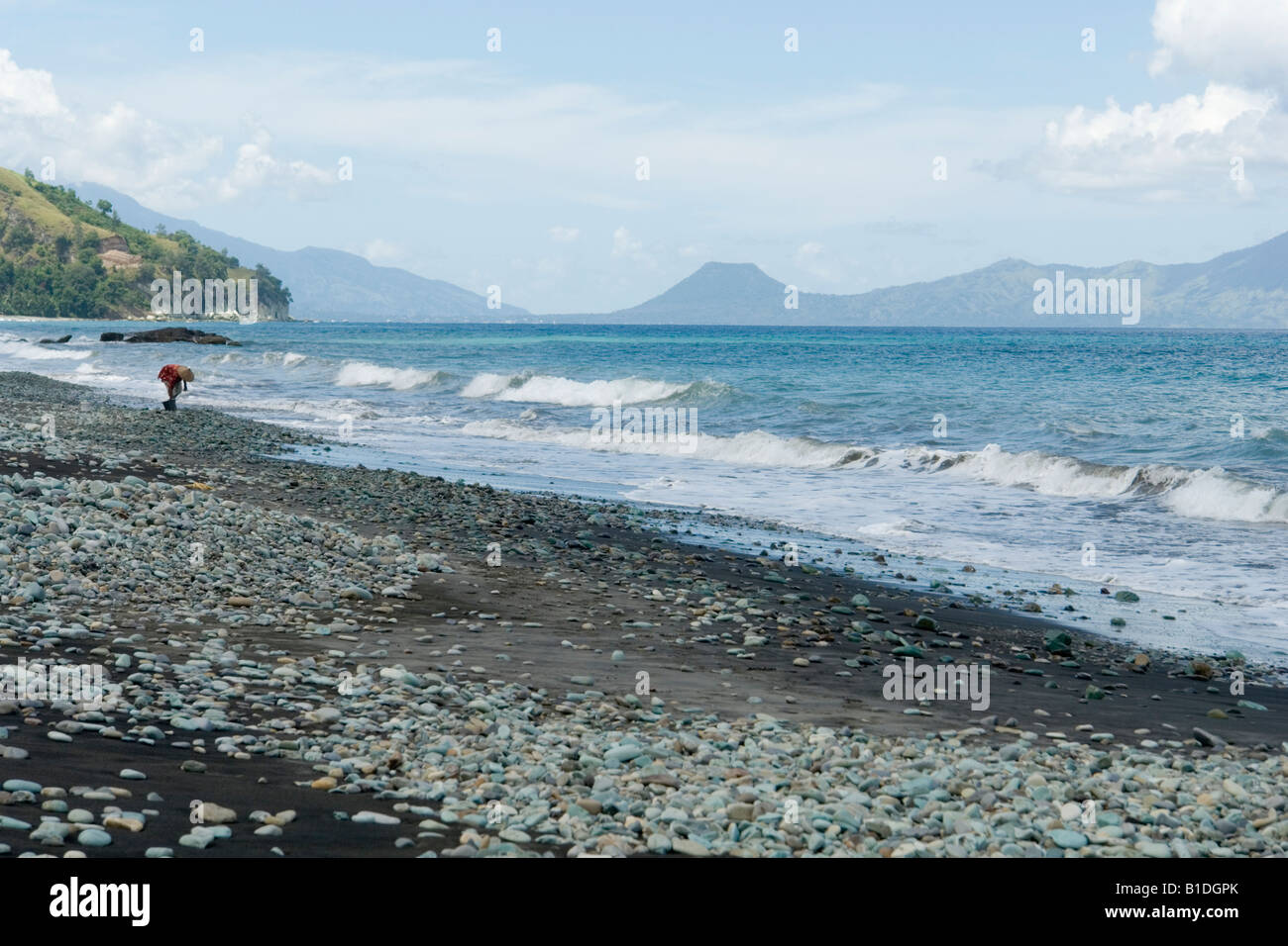 Le Penggajawa beach avec pierres bleu sur noir sable (Flores). Plage de galets bleus sur fond de sable noir, à Penggajawa. Banque D'Images