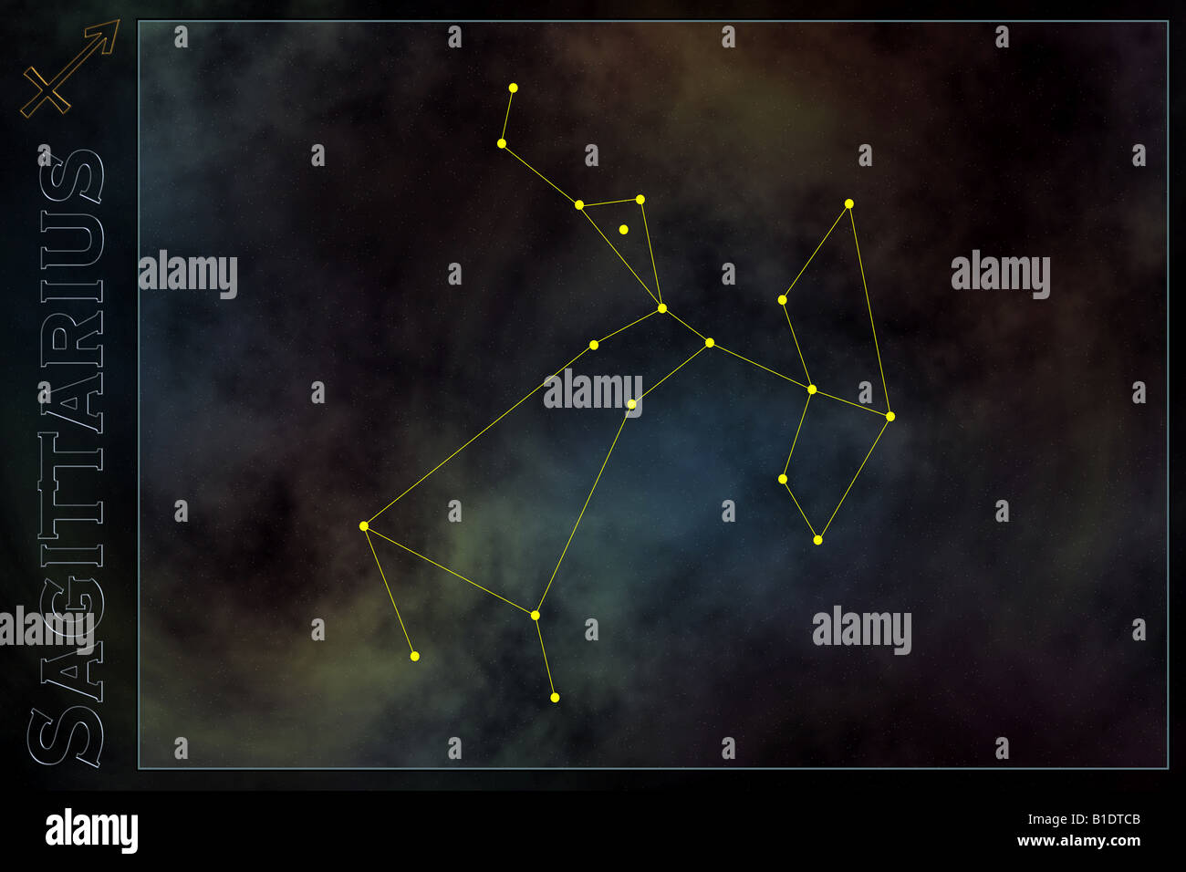 Zodiaque - Sagittaire constellation, avec nom et signe zodiacal. L'espace contre l'arrière-plan galaxy Banque D'Images