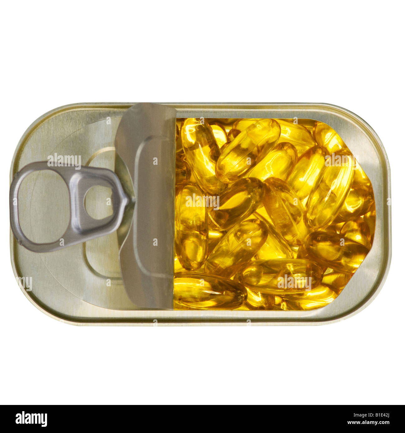 Des capsules d'huile de poisson dans un anneau d'étain. Vue en plan découpe Découpe Banque D'Images