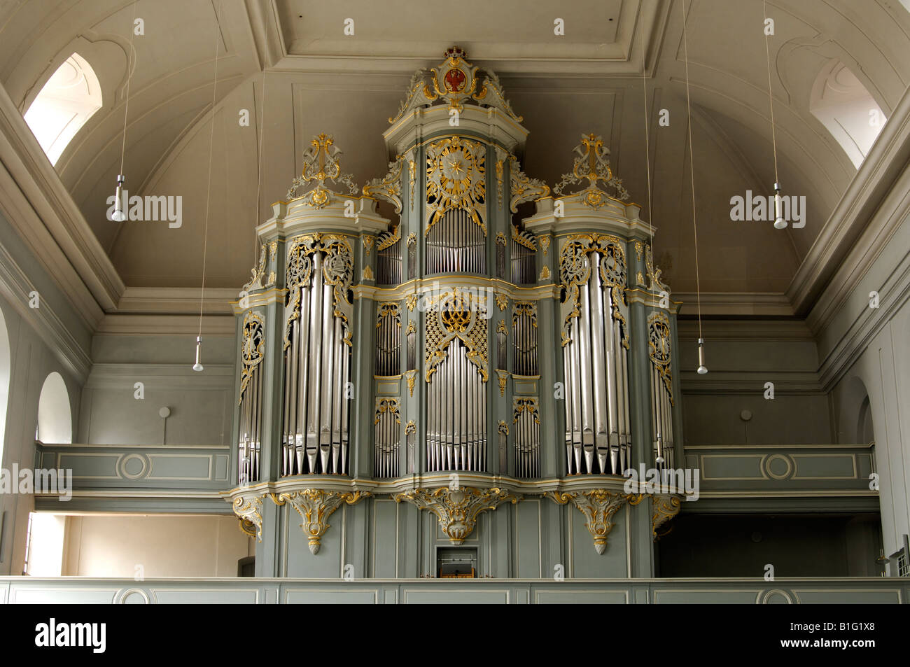 Dans l'orgue baroque ancienne collégiale St Gumbertus, Ansbach, en Bavière, Allemagne Banque D'Images