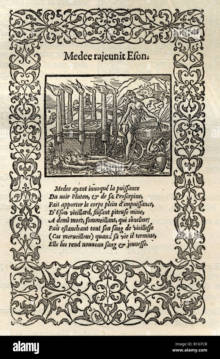Télécopie de la page ornementée par Bernard Salomon de la métamorphose d'Ovide. Figuree a Lyon par Jan de Tournes, 1557. Banque D'Images