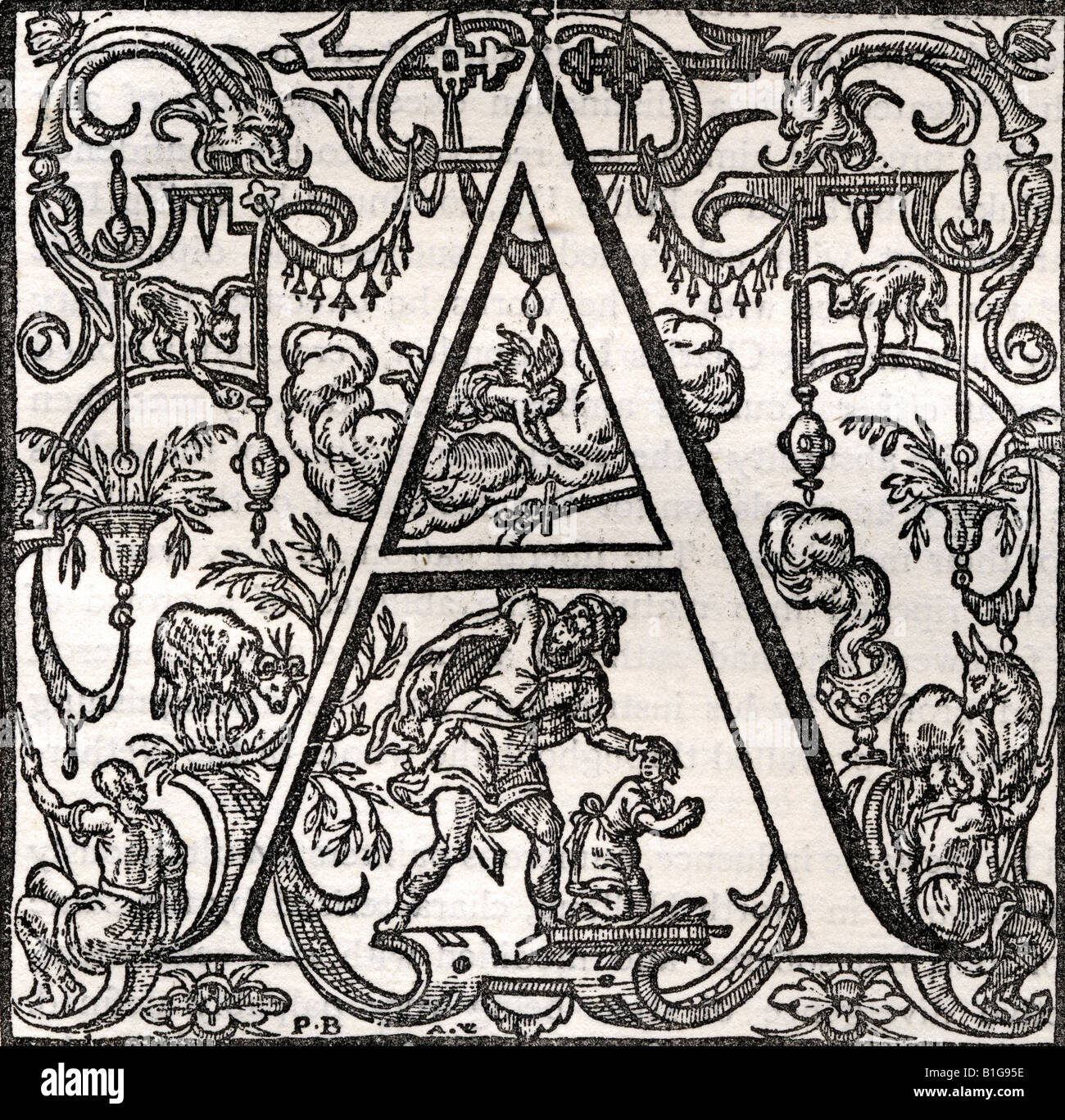 Télécopie de la lettre initiale A avec l'histoire d'Abraham et d'Isaac. Gravé par Ahasuerus van Londerseel Banque D'Images
